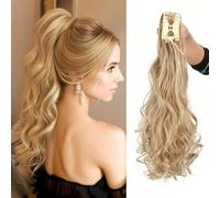 FDEETY Extensión Cabello Ondulado Cola Caballo 60cm Rubio Postizo Pelo Natural Sintético Coleta Pinza Voluminosa Larga Rizada Accesorio Peinado