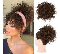 FDEETY Extensiones de pelo sintético messy bun corto y rizado, con pinza, color marrón claro