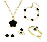 FDEETY Joyas de Mujer 5 Piezas Aleación Cinco Hojas Flor Anillo Aretes Collar Pulseras Ideal para Regalos Ocasiones Especiales y Mujeres（negro）