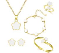 FDEETY Joyas de Mujer 5 Piezas Aleación Cinco Hojas Flor Anillo Aretes Collar Pulseras Ideal para Regalos Ocasiones Especiales y Mujeres（Blanco）