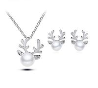 FDEETY Juego de Joyas de Plata 925 para Mujer Pendientes de Collar de Reno de Perlas Colgantes de Navidad para el Regalo de Boda, Plata