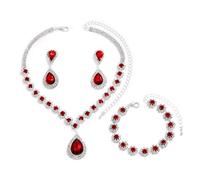FDEETY Juego de Joyas para Mujer Elegancia Brillante - Diamantes de Imitación Incluye Collar, Pulseras y Pendientes para Boda, Baile de Graduación y Fiesta (Rojo)