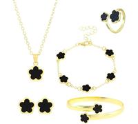 FDEETY Juego Joyas Flores Dorados Pendientes Collar Pulsera Anillo Clásica Conjuntos de Joyas Elegante Ajustable Regalo para Mujeres Niñas(Negro)