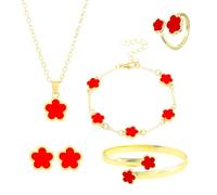FDEETY Juego Joyas Flores Dorados Pendientes Collar Pulsera Anillo Clásica Conjuntos de Joyas Elegante Ajustable Regalo para Mujeres Niñas(Rojo)