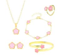 FDEETY Juego Joyas Flores Dorados Pendientes Collar Pulsera Anillo Clásica Conjuntos de Joyas Elegante Ajustable Regalo para Mujeres Niñas(Rosado)