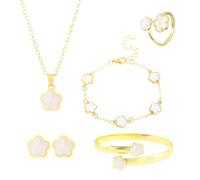 FDEETY Juego Joyas Flores Dorados Pendientes Collar Pulsera Anillo Clásica Conjuntos de Joyas Elegante Ajustable Regalo para Mujeres Niñas(Blanco)