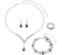 FDEETY Juegos de Joyas de Mujer Conjunto de Joyería para Novia Diamantes de Imitación Collar Pulsera Pendientes Anillos Juego para Fiesta de Boda(Azul)