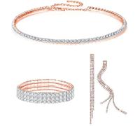 FDEETY Juegos de Joyas de Mujer Conjunto de Joyería para Novia Diamantes de Imitación Collar Pulsera Pendientes de Borla Juego para Fiesta de Boda (Oro Rosa)
