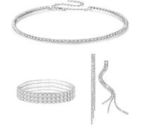 FDEETY Juegos de Joyas de Mujer Conjunto de Joyería para Novia Diamantes de Imitación Collar Pulsera Pendientes de Borla Juego para Fiesta de Boda (Plata)