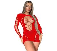 FDEETY Lencería Sexy para Mujer Body Mujer Red de Pesca de Una Pieza Malla Hueca Manga Larga Sexy Ropa Interior de Encaje Femenina sin Espalda(Rojo)
