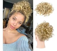 FDEETY Moño Postizo Rizado de Pelo Natural para Mujer Desordenado Cabello Extensión de Cola Corto Caballo Sintético Coletas Grande Coleteros Drawstring con Pinza (Dorado)