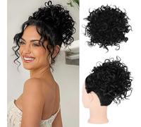 FDEETY Moño Postizo Rizado Natural para Mujer - Extensión de Cola Corta Desordenada - Caballo Sintético - Coletas Grandes Con Pinza (Negro)