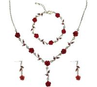 FDEETY Mujer Oro de 18k Conjunto de Joyas de Rosa Roja con Pendientes de Botón, Collar de Flores, Pulsera con Dijes - Regalo para Fiesta de Cumpleaños Boda