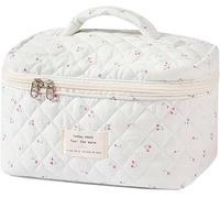 FDEETY Neceser de Maquillaje de Viaje Bolsa de Cosméticos Grande de Algodón para Mujeres Niñas Bolsa de Aseo Cubs Cerezas Floral con Cremallera Blanco