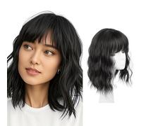 FDEETY Peluca Corta de Mujer 12 Pulgadas Cabello Ondulado y Rizado Sintético con Flequillo Pelucas Clip In Ideal para Uso Diario y Carnaval (Negro)