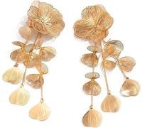 FDEETY Pendientes Flor Cascada Pétalos Metálicos Texturizados Colgantes Largos Elegantes Dorados Joyería Femenina Accesorios Mujer