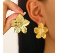 FDEETY Pendientes Flor Cinco Pétalos Texturizados Oro 18k Genuino Joyería Elegante Artesanal Brillante
