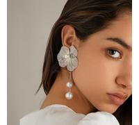 FDEETY Pendientes Flor Texturizada Cascada Perlas Elegantes Adornos Orejas Mujer Accesorios Joyas Artesanales