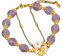 FDEETY Pulsera Mujer de Cuentas Moradas con Detalles Dorados y Flor Blanca Joyería Elegante para Todas las Ocasiones