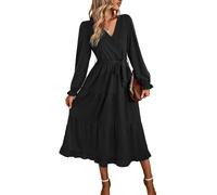FDEETY Vestido Manga Larga para Mujer Cuello en V Lazo en la Cintura Vestido Suelto Volantes y Dobladillo de Patchwork Vestidos Elegante Casual Vestidos de Fiesta (Negro,L)
