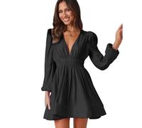 FDEETY Vestido Mujer con Cuello en V Manga Larga Vestidos Corto Casual Mini Vestido Moda Tendencia Falda A-Line Vestidos de Fiesta (Negro,M)
