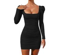 FDEETY Vestido Mujer Vestido Elegante Ruchado Vestidos de Cóctel Cuello Cuadrado Manga Larga Sexy Wrap Dresses Damas Vestidos de Bodycon para Fiesta Cóctel Casual