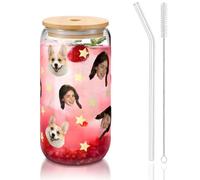 fdemon Vaso personalizado con texto, Taza de vidrio personalizada con tapa de bambú, 450ml, vasos de café helado, regalos para mujeres, novia, mamá, profesora, regalos para el día de la madre