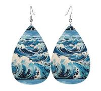 Fdgbnm Pendientes de cuero con ondas estilo Ukiyo-E. Pendientes de gota de cuero con estampado de doble cara. Ligeros, hipoalergénicos, festivos y listos para regalo.