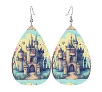 Fdgbnm Pendientes de cuero de castillo de cuento de hadas. Pendientes de gota de cuero con estampado de doble cara. Ligeros, hipoalergénicos, festivos y listos para regalo.