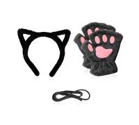 FDGGT: 1 Par De Guantes Con Garras De Gato, Diadema Con Orejas De Gato, Decoración De Felpa, Guantes Sin Dedos, Cálidos Y Resistentes Al Frío, Negro, Dibujos Animados