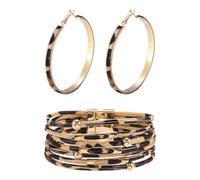 FDGGT 1 Pulsera con Estampado De Leopardo Y 1 Par De Aretes con Estampado De Leopardo, Pulseras Multicapa, Pulseras De Cuero, Joyería Vintage, Complementos De Vestir