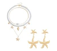 FDGGT 3 Collares De Concha De Estrella De Mar, 1 Par De Pendientes De Estrella De Mar, Conjunto De Joyería De Playa, Collar De Perlas, Joyería Cole para Mujer