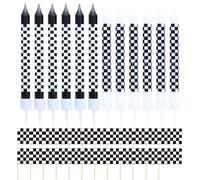 FDGGT Paquete De 12 Velas A Cuadros En Blanco Y Negro Y 24 Piezas De Inserciones A Cuadros En Blanco Y Negro, Decoraciones para Pasteles con Tema De Carreras, Artículos para Fiestas
