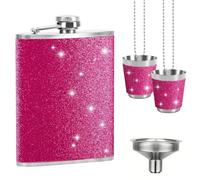 FDHBDF Petaca de acero inoxidable de 240 ml para mujer, color rosa brillante, con 2 vasos de chupito, petaca pequeña portátil para viajes, fiestas, camping, regalos rosas para mujeres