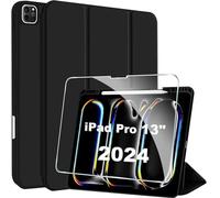 FDHYFGDY Funda para iPad Pro 13 Pulgadas 2024 Funda Protectora + 1X Protector de Pantalla Cristal Templado, Nueva Funda de Cuero PU Funda Protectora Triple Pliegue con Función Auto Sleep/Wake - Negro