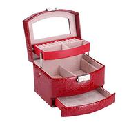 Caja de Joyería de 3 Capas con Espejo y Mango Caja Joyero para Collar Anillos Collar Broches Pulsera(Rojo)