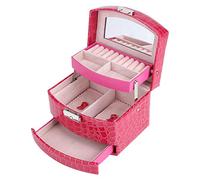 Fdit Caja de Joyería de 3 Capas con Espejo y Mango Caja Joyero para Collar Anillos Collar Broches Pulsera(Rosa rojo)
