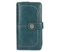 Fdit Cartera de Cuero con Bloqueo, Cartera de PU para Mujer con Cierre Doble a Presión y Correa de Muñeca Extraíble, Tarjetero con Cremallera de Metal Dorado para Monedas en Efectivo, (Azul