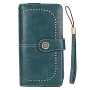 Fdit Cartera de Cuero con Bloqueo, Cartera de PU para Mujer con Cierre Doble a Presión y Correa de Muñeca Extraíble, Tarjetero con Cremallera de Metal Dorado para Monedas en Efectivo, (Azul