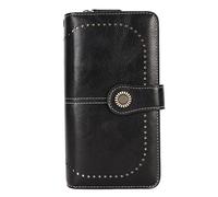 Fdit Cartera de Cuero con Bloqueo, Cartera de PU para Mujer con Cierre Doble a Presión y Correa de Muñeca Extraíble, Tarjetero con Cremallera de Metal Dorado para Monedas en Efectivo, (Black)