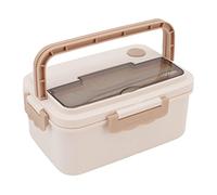 Fdit con Compartimento, Recipiente de Comida de Plástico Apto para Microondas de 1500 Ml con Asa, con Palillos y Cuchara para Oficina y Escuela (Beige)