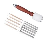 Fdit Herramientas de Estampado de Cuero, Kit de Bricolaje para Manualidades de Cuero con 6 Sellos, 5 Bolígrafos para Pliegues, 1 Martillo de Nailon de Madera, para Sillín, Billetera,