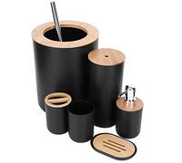 Fdit Juego de Accesorios de Baño de 6 Piezas, Soporte para Cepillo de Dientes, Dispensador de, Taza, Escobilla de Baño, Cubo de Basura, con Madera de bambú y Plástico, para el