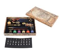 Fdit Juego de Pluma Europea, Kit de Escritura Retro con 18 Puntas de Repuesto, 6 Botellas de Tinta, Plumas de Inmersión de Madera de Vidrio, (SP271902R salpicado de oro y azul zafiro)