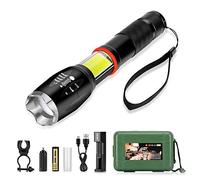 Fdit Linterna LED de 800 Lúmenes Linterna COB con Zoom Ultrabrillante 5 Modos Estroboscópico Alto bajo SOS Recargable con Batería y Soporte de Batería AAA Magnético