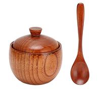 Fdit Olla de Madera para Especias, Tarro de Almacenamiento de Condimentos de Madera de Azufaifa con Tapa y Cuchara, Recipiente de 9x6 Cm para Azúcar, Sal, Pimienta, para Cocina,