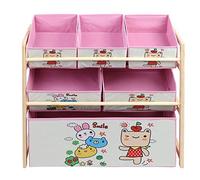 Fdit Organizador de Almacenamiento de Juguetes para Niños de Madera 6 Contenedores, Estante para Niños Rosados de Dibujos Animados para Dormitorio y Sala de Juegos,