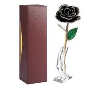 Fdit Real Rose Bañado en Oro de 24k, Símbolo de Amor para Siempre, Rosa Negra con Soporte para Romántico, Rosas Doradas Bañadas