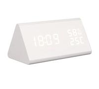 Fdit Reloj Despertador LED de Madera, Reloj Digital de Pantalla Grande con Control de Voz, 11 Sonidos de Alarma, Pantalla de Temperatura para Mesita de Noche, Decoración del Hogar (Madera Blanca)
