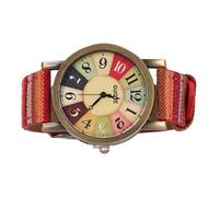 Fdit Reloj para Mujer Estilo Bohemio Multicolor, Caja de Latón con Correa Ajustable de Cuero PU, Reloj de Moda Boho con Pilas 377 para Uso Informal y Regalos (Rojo)